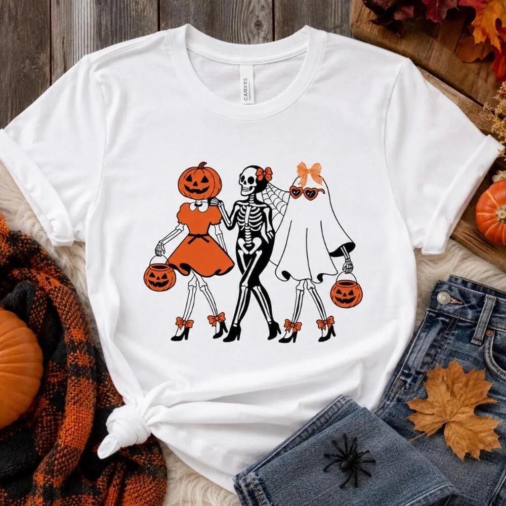 Halloween Skeleton Shirt, Spooky Girl Ghost T Shirt, Pumpkin Skeleton